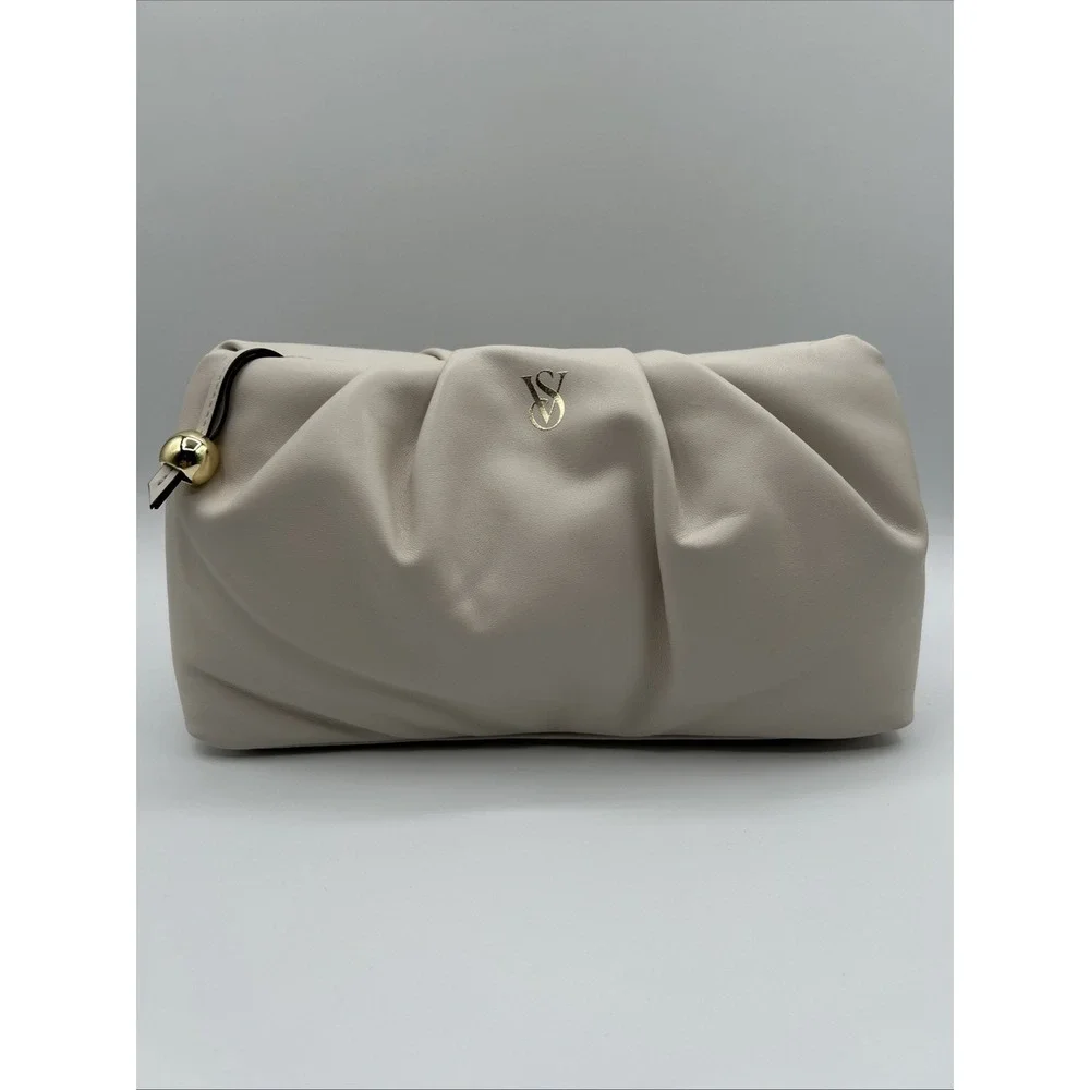Victoria's Secret Cream Beige Ruched Cosmetic Bag Pouch Clutch Gold Hardware